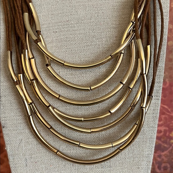 Striking St. Thomas Multistrand choker with moving gold tone crescent tube beads - Picture 3 of 7